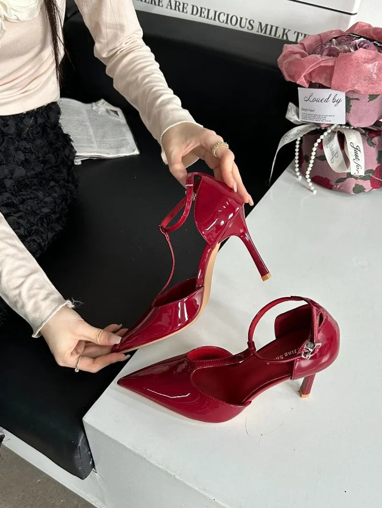 Sexy Red High Heels Women Pointed Toe Party Dress Shoes T-Strap Patent Leather Elegant Slingback Thin Heels Female Sandals Women