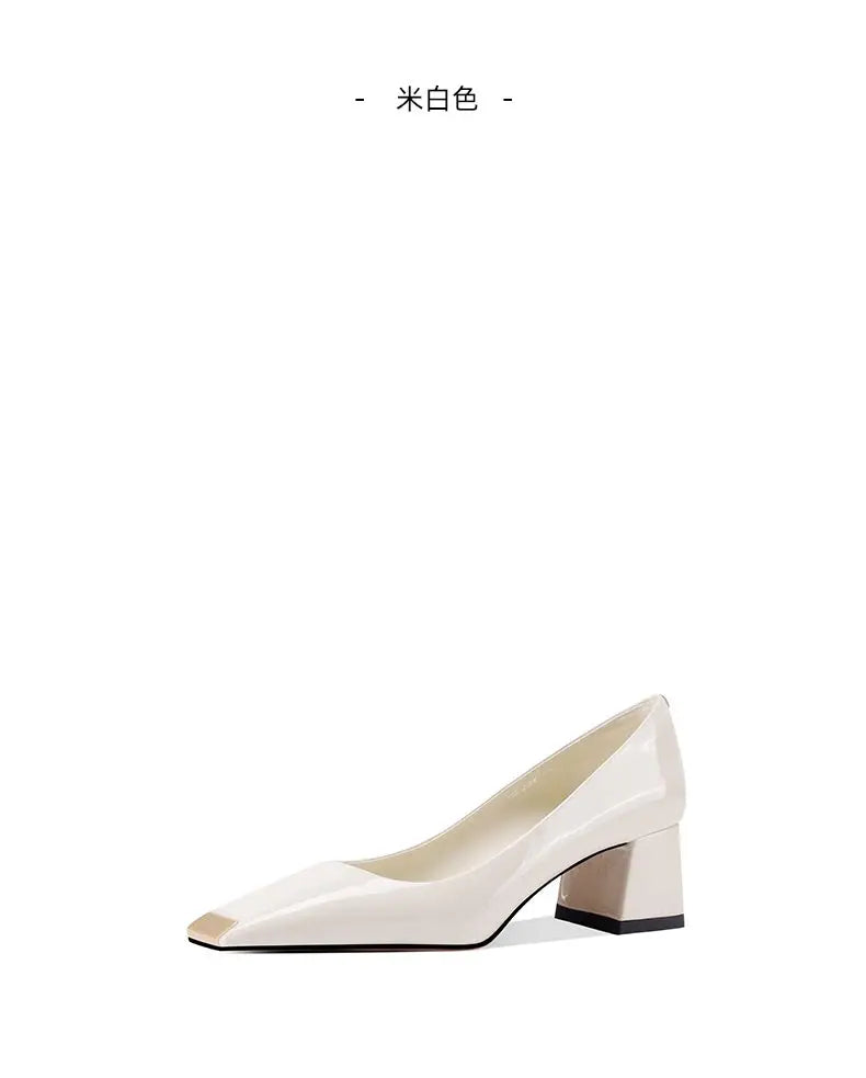 2025 new spring ladies pumps chunky heels leather square head shallow mouth with fashion comfortable commuter work women's shoes