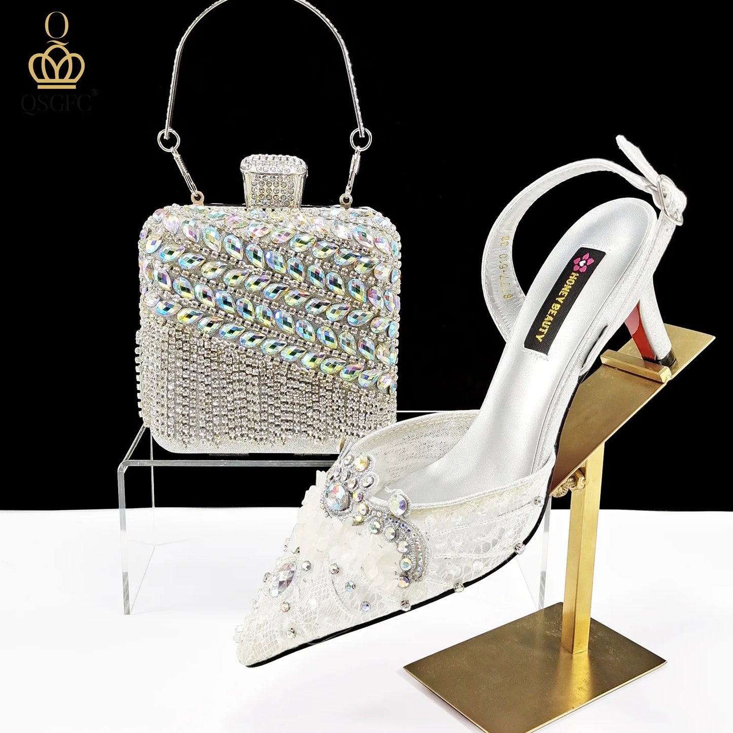 QSGFC Nigerian Style Elegant Women Heels Shoes And Bag Set Rhinestone with Coral Shoes Wedding Party