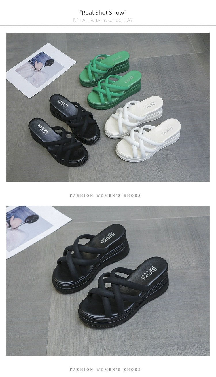 Summer Korean Style Cross Belt Fashion High Heel Platform Slippers