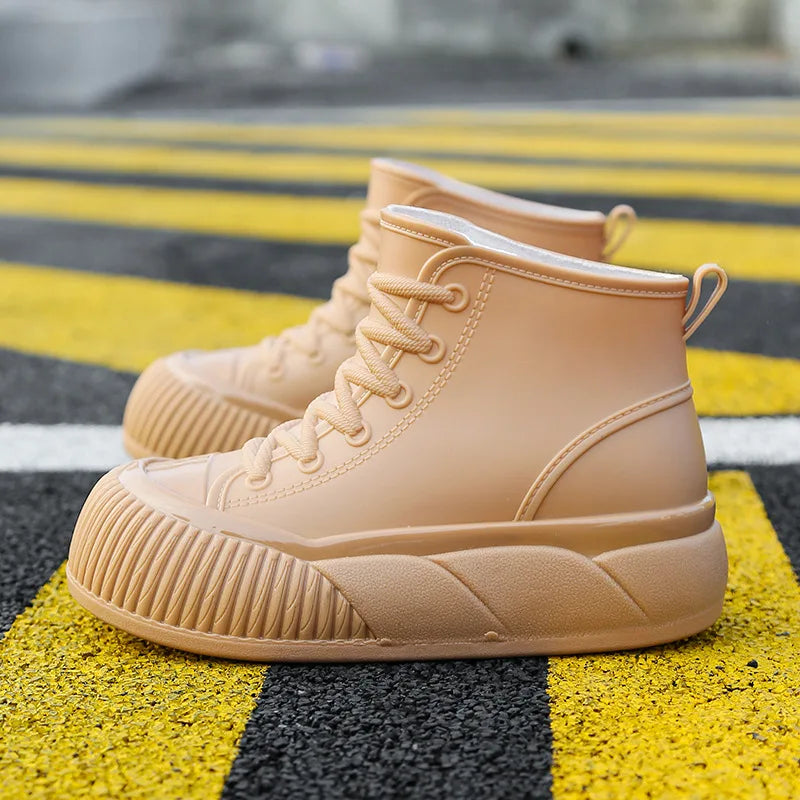 2025 New plush galoshes waterproof rain boots women's rubber platform shoes for lady ankle wide toe rainboots water shoes woman