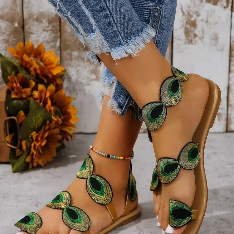 Yellow Embroidered Faux Flower Fashion Sandals Flat Plus Size 43 Summer Outdoor Beach Shoes Travel Mom Shoes