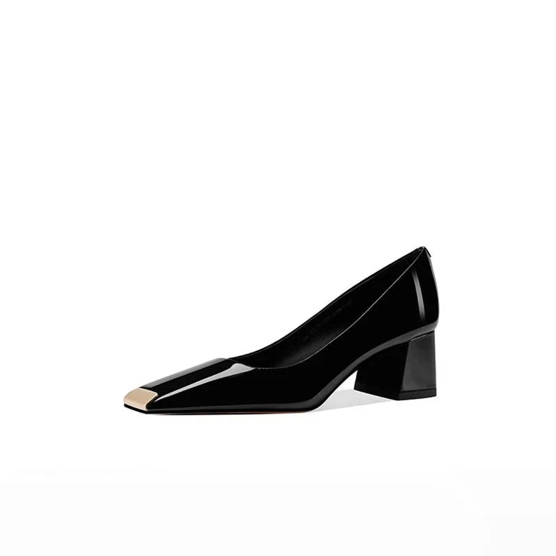 2025 new spring ladies pumps chunky heels leather square head shallow mouth with fashion comfortable commuter work women's shoes