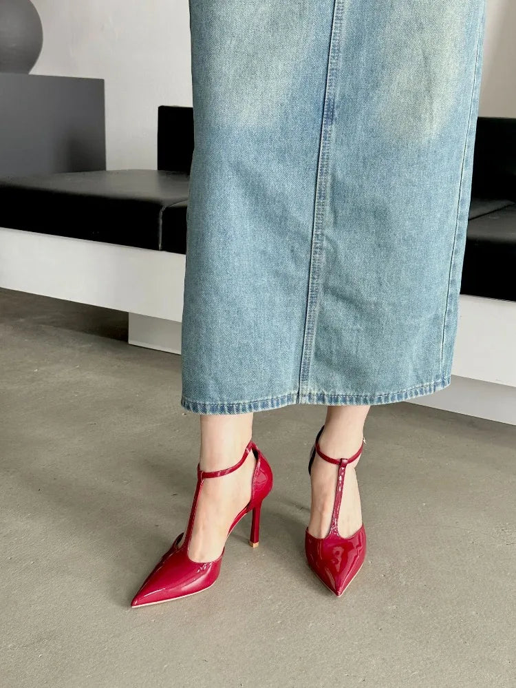 Sexy Red High Heels Women Pointed Toe Party Dress Shoes T-Strap Patent Leather Elegant Slingback Thin Heels Female Sandals Women