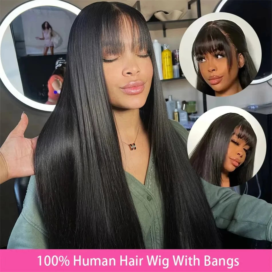 200 Density Bone Straight Human Hair Wig With Bangs 3X1 Middle Part Lace Human Hair Wigs With Bangs For Women on Sale 30 inch
