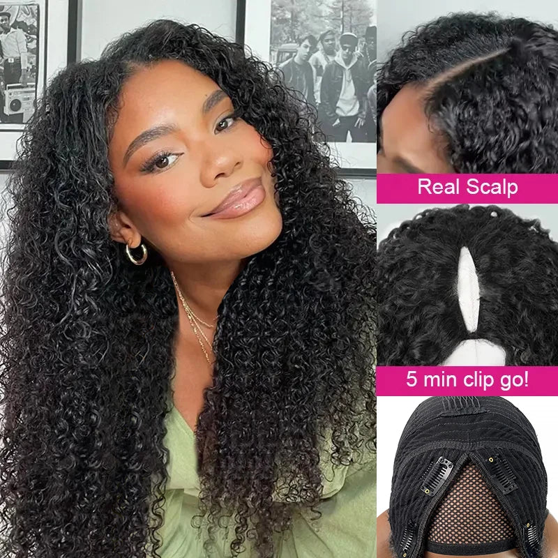 Kinky Curly V Part Wig Human Hair 250% Glueless V U Part Human Hair Wigs for Women Brazilian Remy Deep Wave Wig 30 32 34 Inch