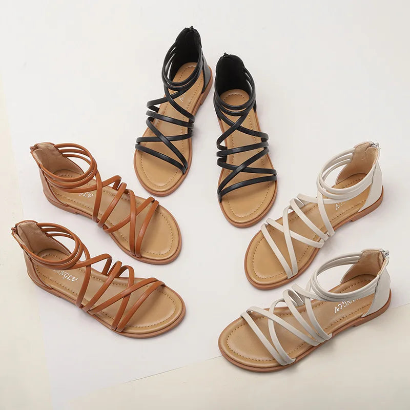 Large Size Summer Women 1cm Platform 2cm High Heels Sandals Lady Lightweight Solid Color Shoes Female Comfortable Roman Flats