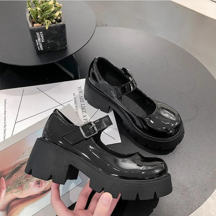 Patent Leather High Heels Mary Jane Shoes Women Japanese Style Ankle Platform Pumps Woman Buckle Jk Uniform Lolita Shoes