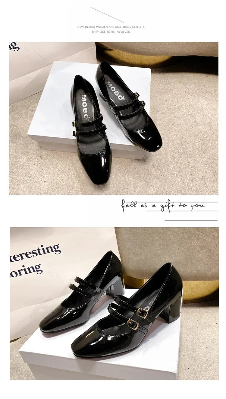2025 Spring Autumn Women Double Buckle Mary Janes Shoes Patent Leather Dress Square Head Square Heel Solid Color Women's Shoes