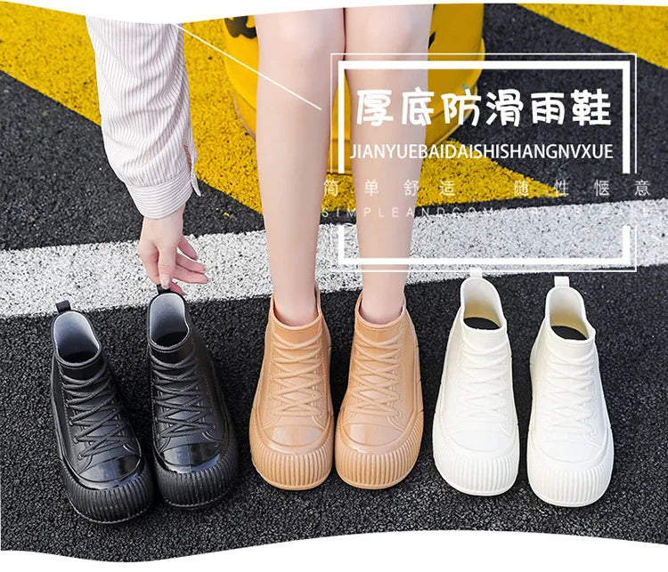 2025 New plush galoshes waterproof rain boots women's rubber platform shoes for lady ankle wide toe rainboots water shoes woman