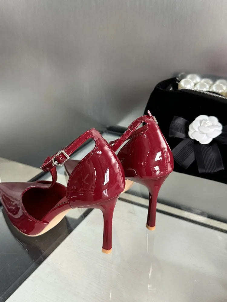 Sexy Red High Heels Women Pointed Toe Party Dress Shoes T-Strap Patent Leather Elegant Slingback Thin Heels Female Sandals Women