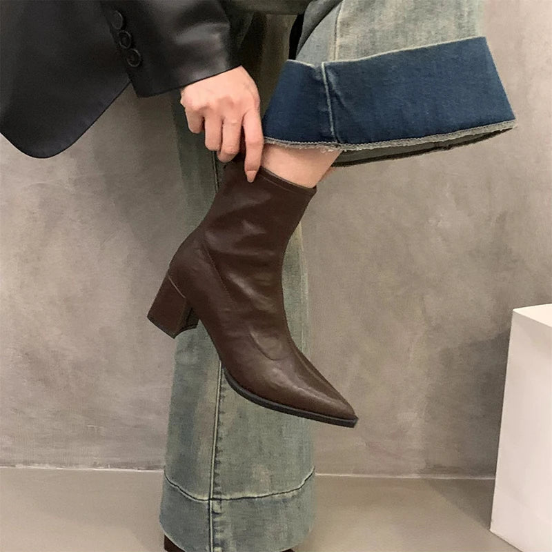 Designer Vintage Women Ankle Boots Fashion Pointed Toe Short Booties Elegant High Heels Shoes Botas Mujer