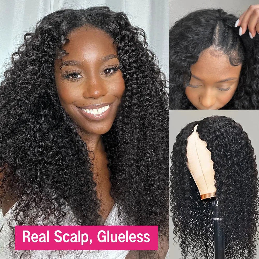 Kinky Curly V Part Wig Human Hair 250% Glueless V U Part Human Hair Wigs for Women Brazilian Remy Deep Wave Wig 30 32 34 Inch