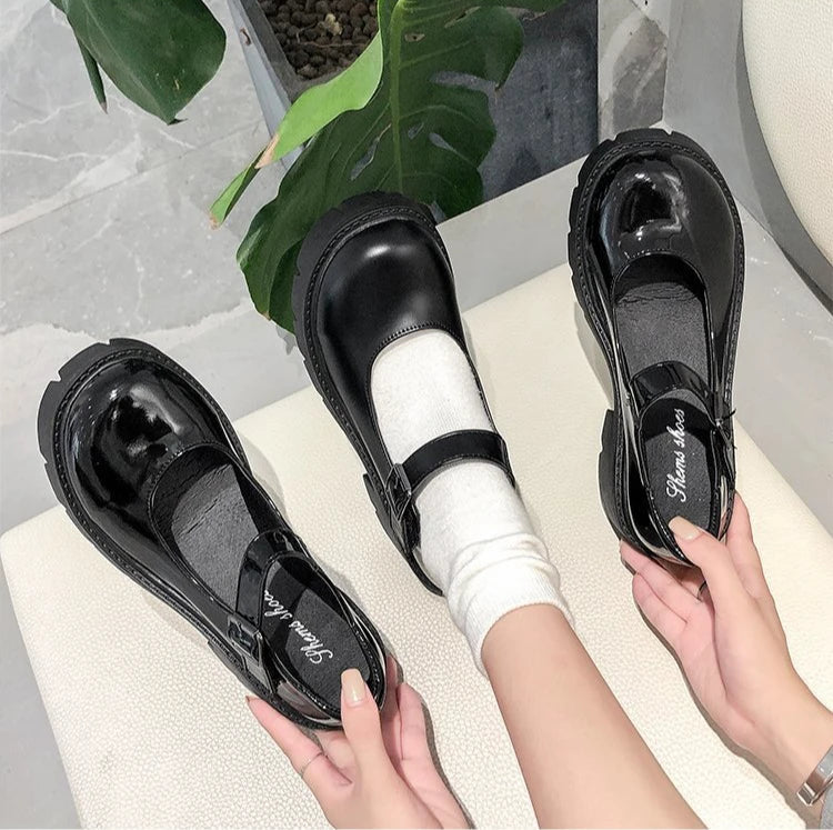 Patent Leather High Heels Mary Jane Shoes Women Japanese Style Ankle Platform Pumps Woman Buckle Jk Uniform Lolita Shoes