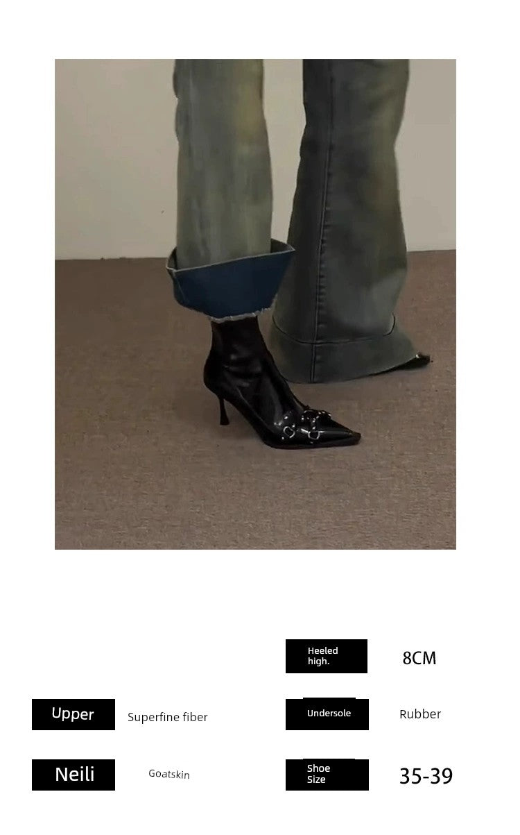 Goatskin French Stiletto Heel Fancy Rivet Korean Ankle Boots