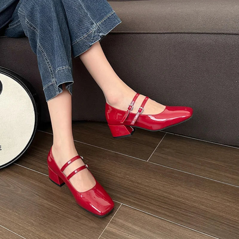 Square Toe Women Mary Jane Shoes Ladies Fashion Shallow Thick High Heel Women's Elegant Red Ballerinas Party Shoes