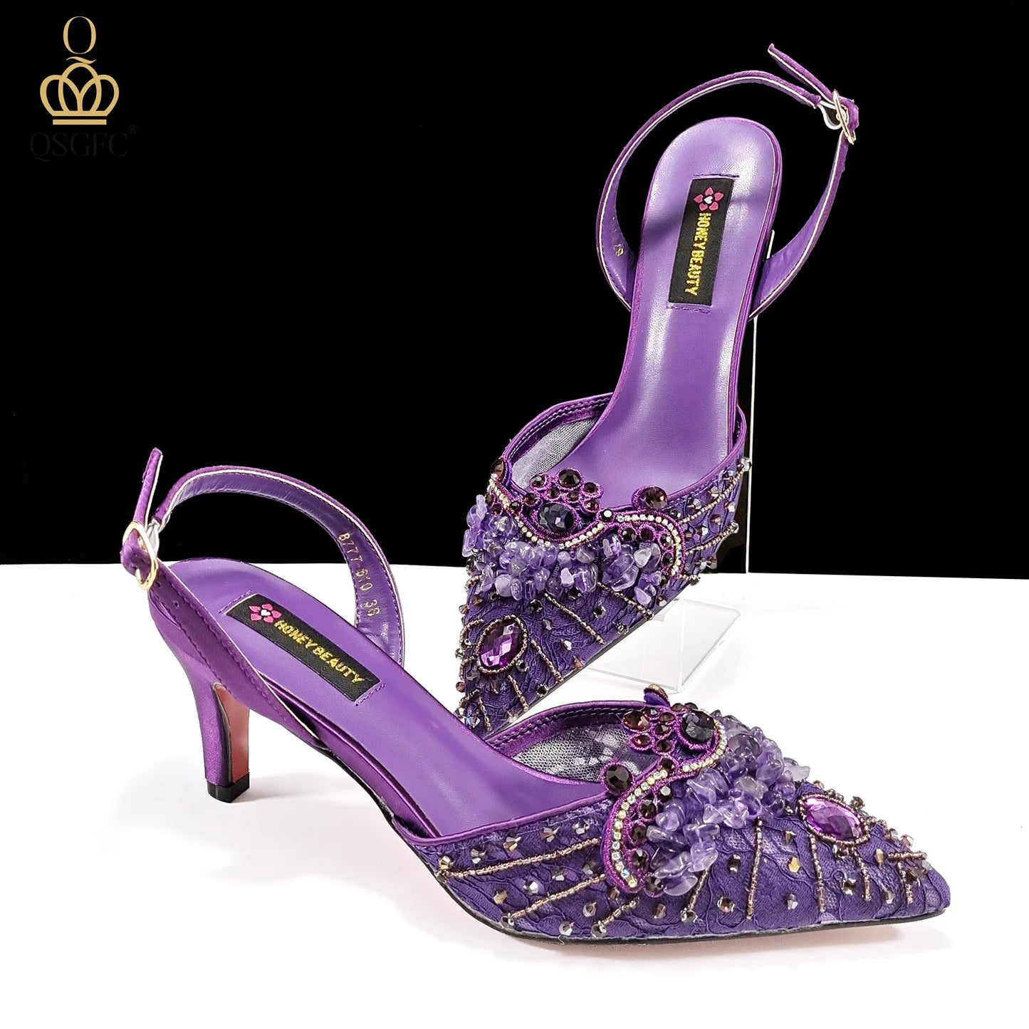 QSGFC Nigerian Style Elegant Women Heels Shoes And Bag Set Rhinestone with Coral Shoes Wedding Party