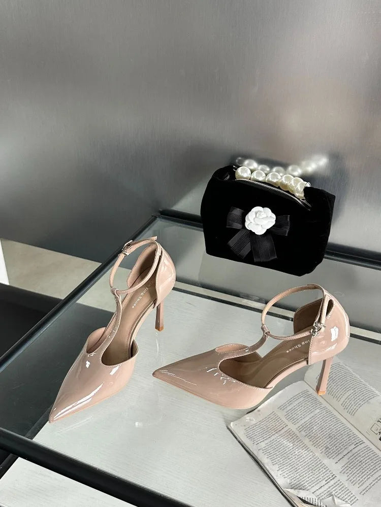 Sexy Red High Heels Women Pointed Toe Party Dress Shoes T-Strap Patent Leather Elegant Slingback Thin Heels Female Sandals Women