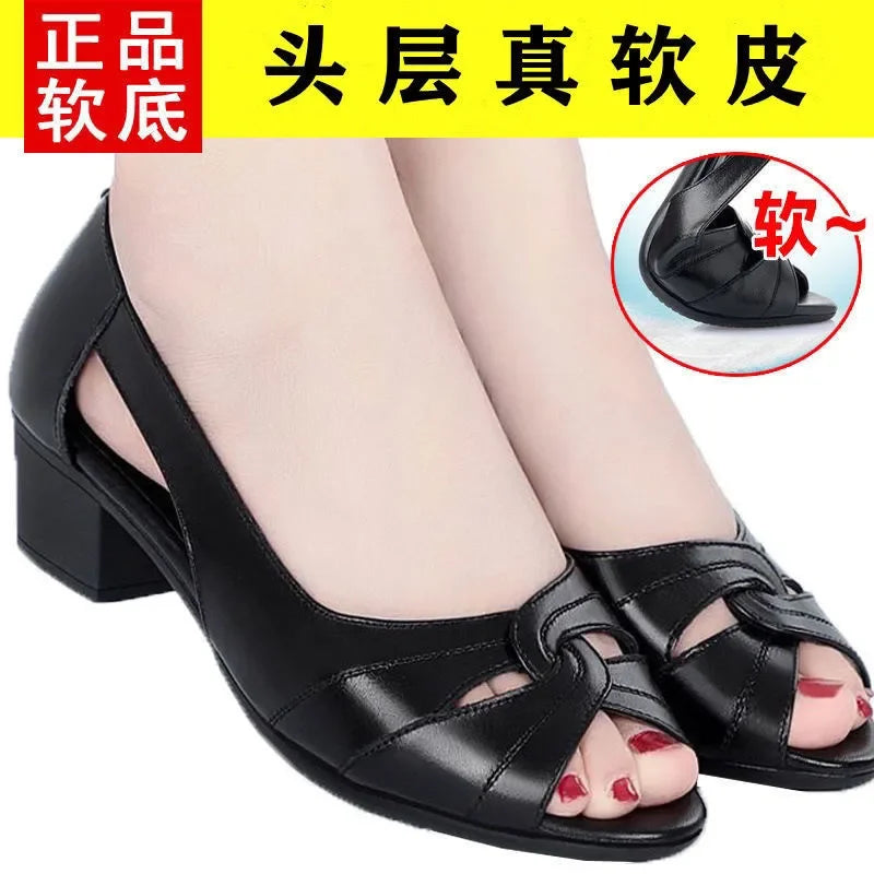 Black Peep Toe Mid Heel Sandals Women's Pumps Square Heel Soft Sole Leather Work Shoes Simple Casual Summer Hollow Out