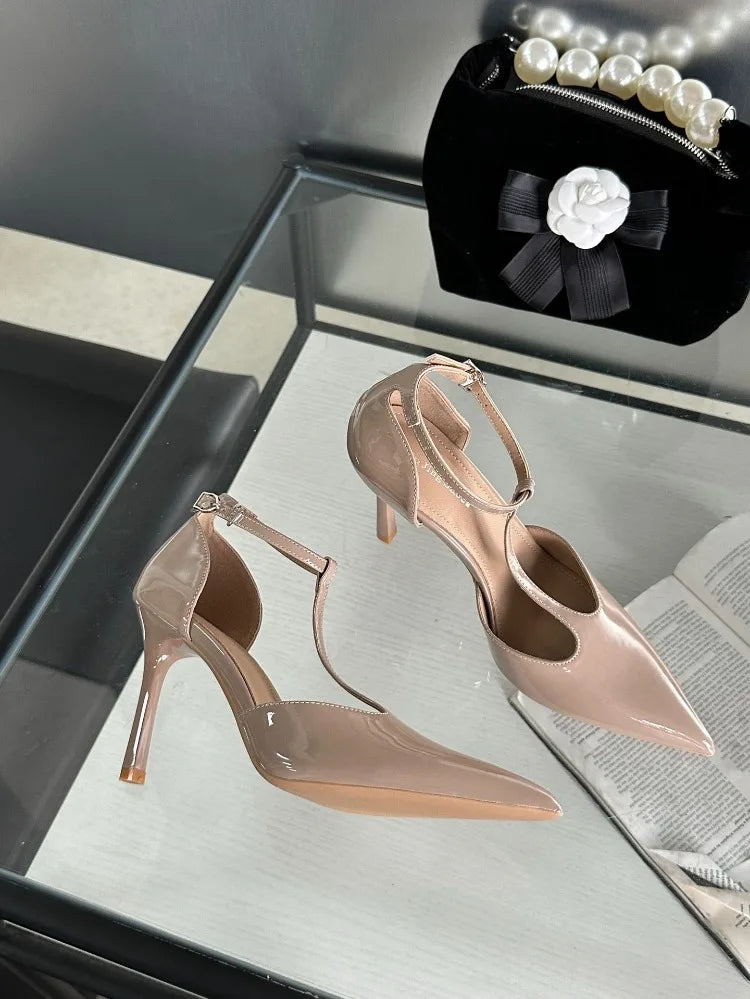 Sexy Red High Heels Women Pointed Toe Party Dress Shoes T-Strap Patent Leather Elegant Slingback Thin Heels Female Sandals Women