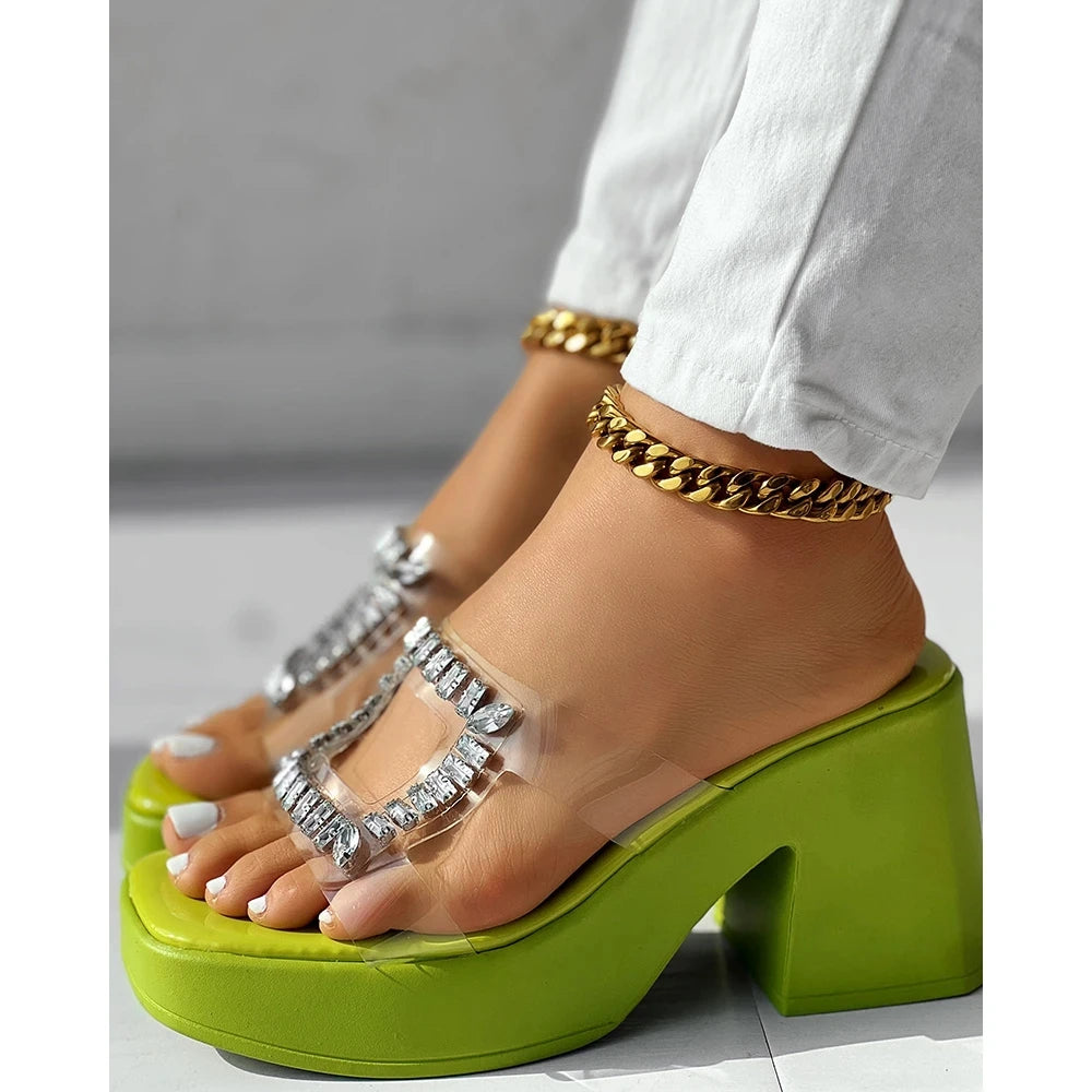 Sandals Women Clear Strap Chunky Heeled Sandals Women Platform Wedges High Heels Shoes Flip Flops Beach Slippers Dress Crystal