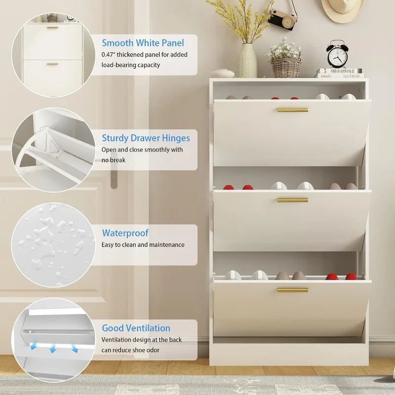 Shoe Cabinet with 2 Flip Drawers - Narrow Shoes Storage for Entryway, Freestanding Hidden