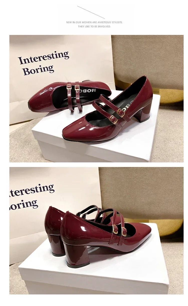 2025 Spring Autumn Women Double Buckle Mary Janes Shoes Patent Leather Dress Square Head Square Heel Solid Color Women's Shoes
