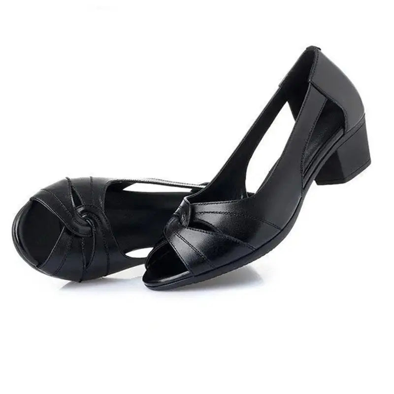 Black Peep Toe Mid Heel Sandals Women's Pumps Square Heel Soft Sole Leather Work Shoes Simple Casual Summer Hollow Out