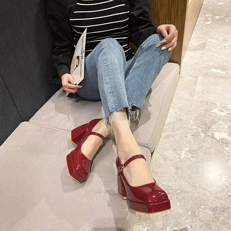 Platform Pumps Women's 2023 Square Toe Thick Heels Mary Janes Women's Patent High Heels Party Shoes Square Toe Square Heel