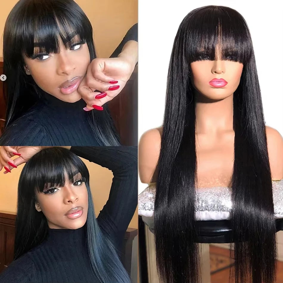 200 Density Bone Straight Human Hair Wig With Bangs 3X1 Middle Part Lace Human Hair Wigs With Bangs For Women on Sale 30 inch