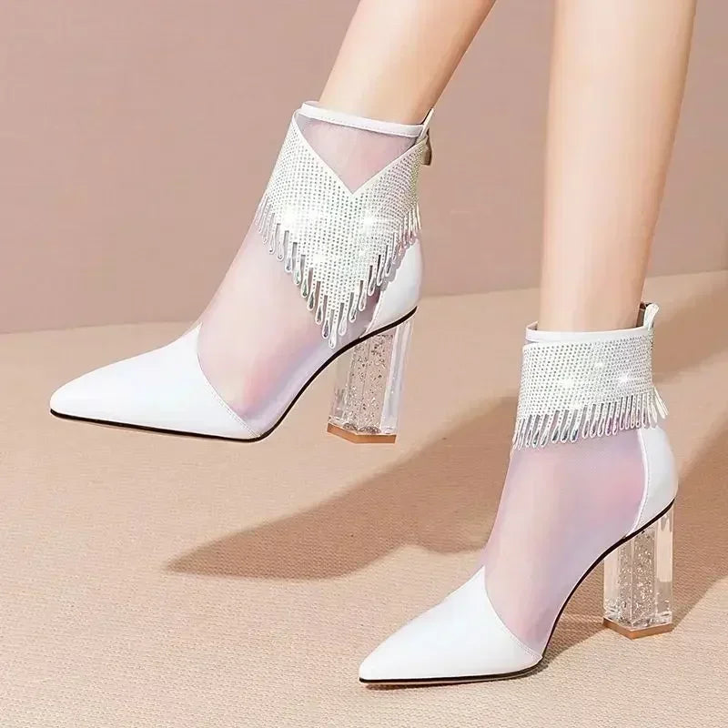 Rubber Soled Dance Boots Women 2025 Spring Pointy Rhine-diamond Tassel High Heel Mesh Latin Jazz Modern Dance Shoes Stage Show
