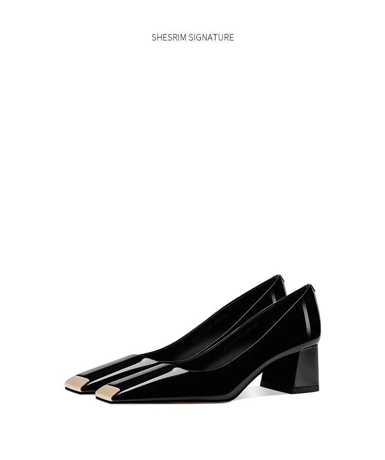 2025 new spring ladies pumps chunky heels leather square head shallow mouth with fashion comfortable commuter work women's shoes