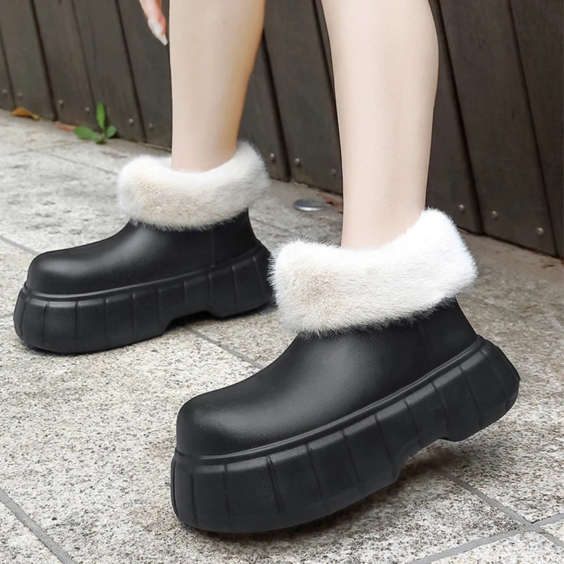 2025 New plush galoshes waterproof rain boots women's rubber platform shoes for lady ankle wide toe rainboots water shoes woman