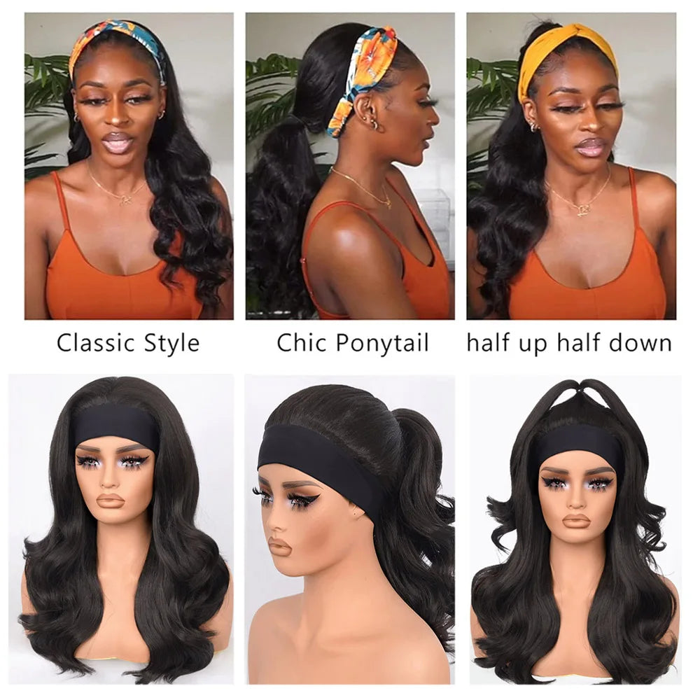 Natural Black Yaki Body Wave Headband Wigs for Black Women 20 Inch Wear & Go Glueless Body Wave Synthetic Hair Wig with Headband