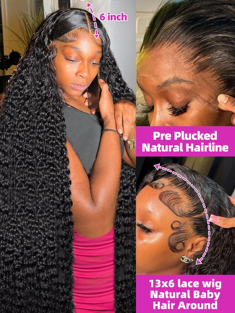 13x6 HD Transparent Deep Wave Frontal Wig 250 Density 13x4 Lace Front Wig Human Hair Brazilian Raw 30 40 Inch Loose Curly Wigs