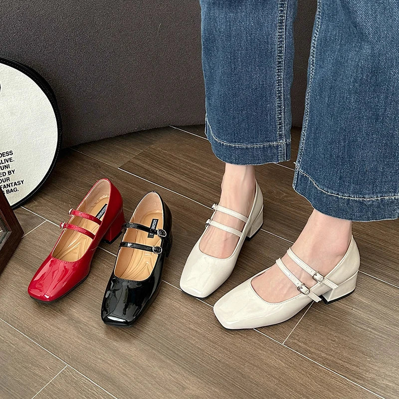 Square Toe Women Mary Jane Shoes Ladies Fashion Shallow Thick High Heel Women's Elegant Red Ballerinas Party Shoes