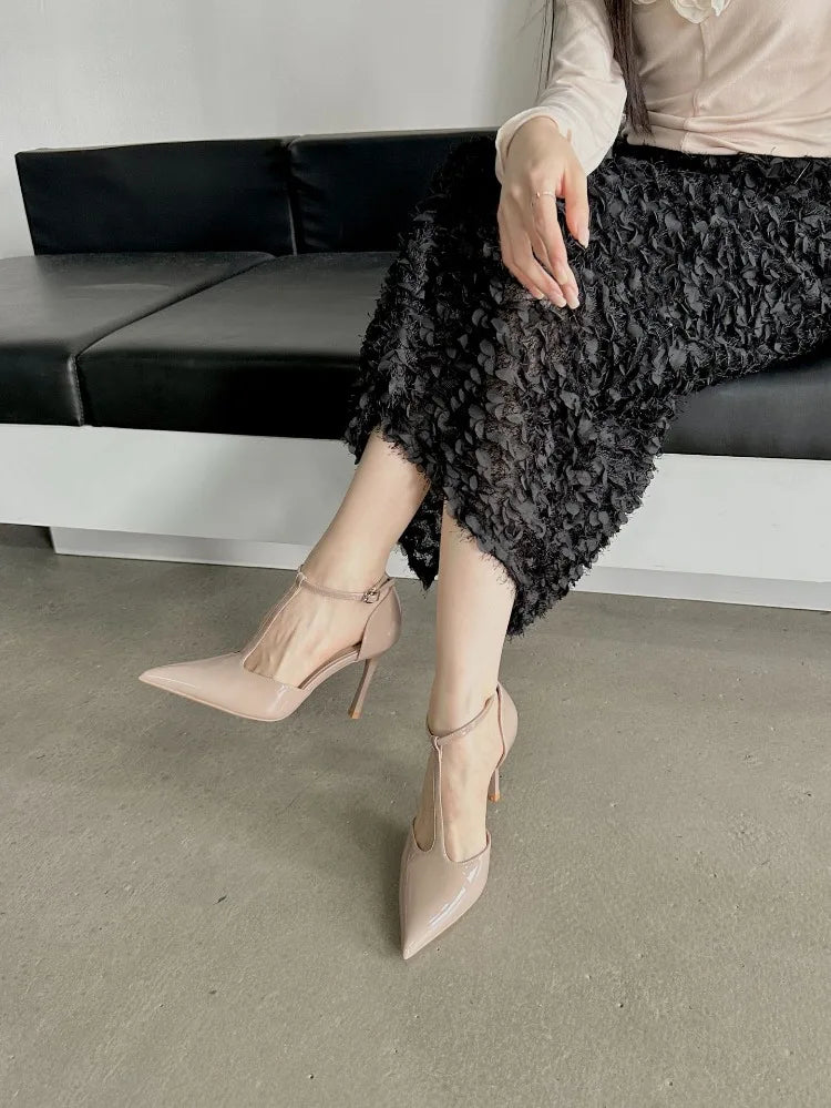 Sexy Red High Heels Women Pointed Toe Party Dress Shoes T-Strap Patent Leather Elegant Slingback Thin Heels Female Sandals Women