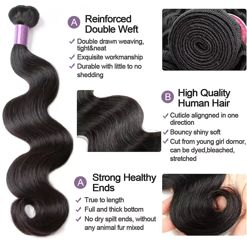 Body Wave Bundles Human Hair Brazilian Hair Weave Bundles 1/3/4 PCS 100% Human Hair Extensions Natural Black Colored For Women