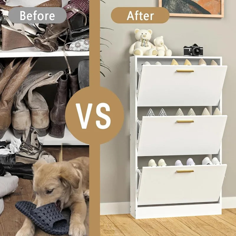 Shoe Cabinet with 2 Flip Drawers - Narrow Shoes Storage for Entryway, Freestanding Hidden