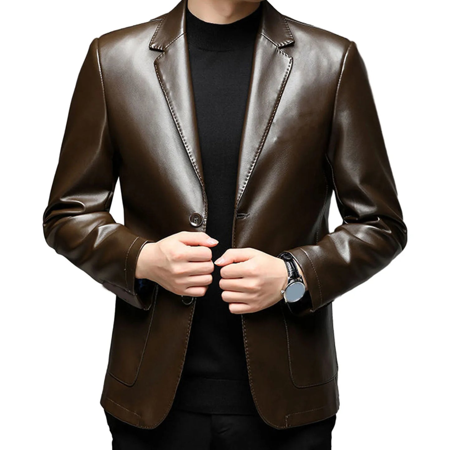 Men Jacket with Button Decoration Stylish Lapel Collar Men's Jacket with Button Cuffs Pocket Faux for Outdoor for Extended