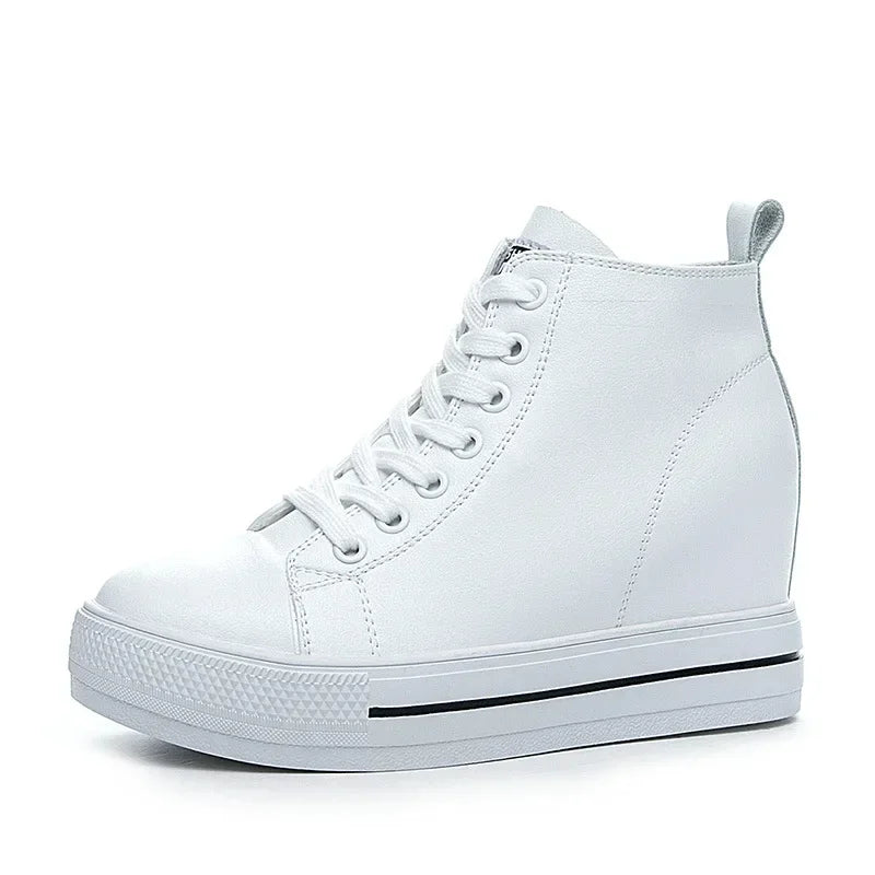 2025 Genuine Leather Shoes New Autumn Winter Lace-up High-top Women Sneaker Shoes High Heels Increase Within Wedges Casual Shoes