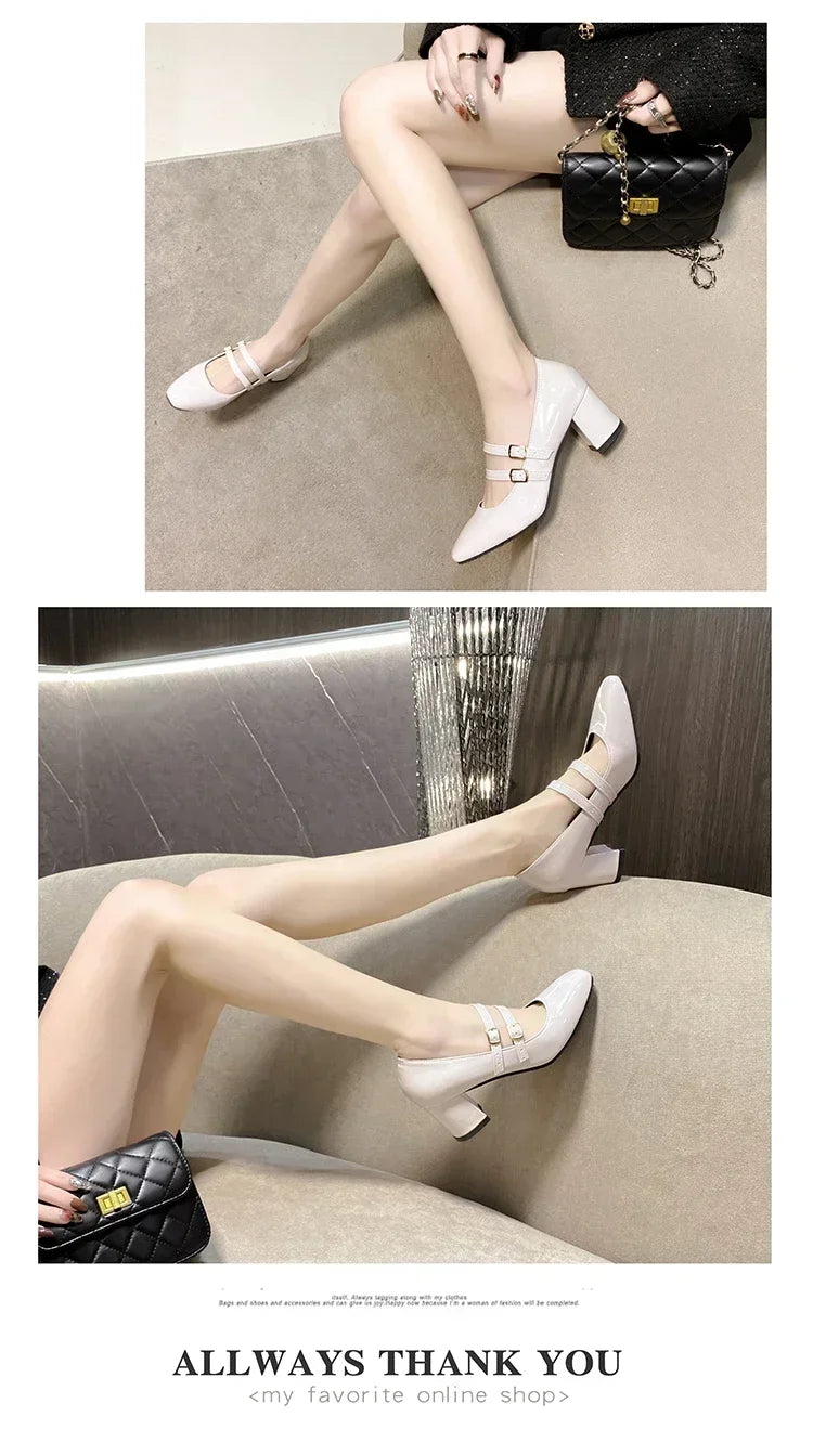 2025 Spring Autumn Women Double Buckle Mary Janes Shoes Patent Leather Dress Square Head Square Heel Solid Color Women's Shoes