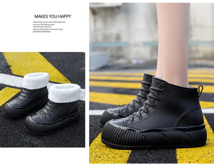 2025 New plush galoshes waterproof rain boots women's rubber platform shoes for lady ankle wide toe rainboots water shoes woman