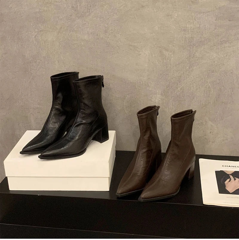 Designer Vintage Women Ankle Boots Fashion Pointed Toe Short Booties Elegant High Heels Shoes Botas Mujer