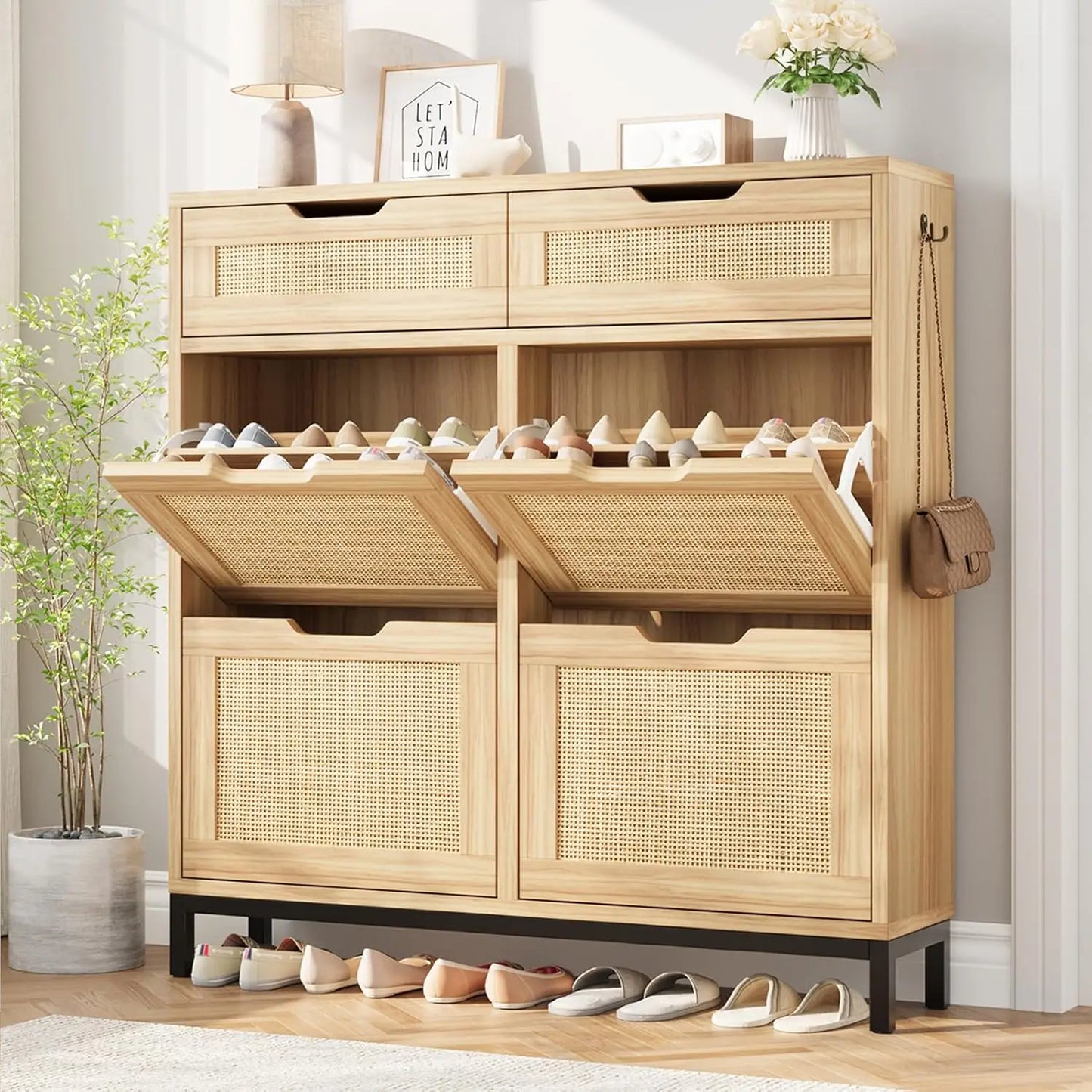 Shoe Cabinet Storage for Entryway Hidden Shoes Storage Cabinet Narrow Shoe Organizer Cabinet with 4 Flip Drawers, Free Standing