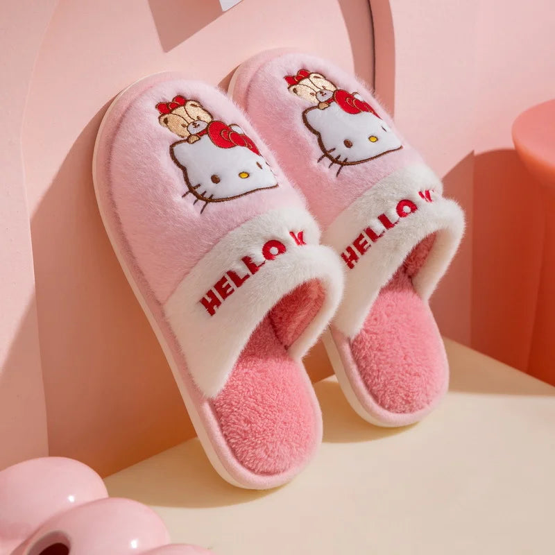 Genuine Sanrio Hello Kitty Plush Slippers Kuromi My Melody Warm Winter Indoor Slippers Flat Casual Non-slip Girl Home Shoes