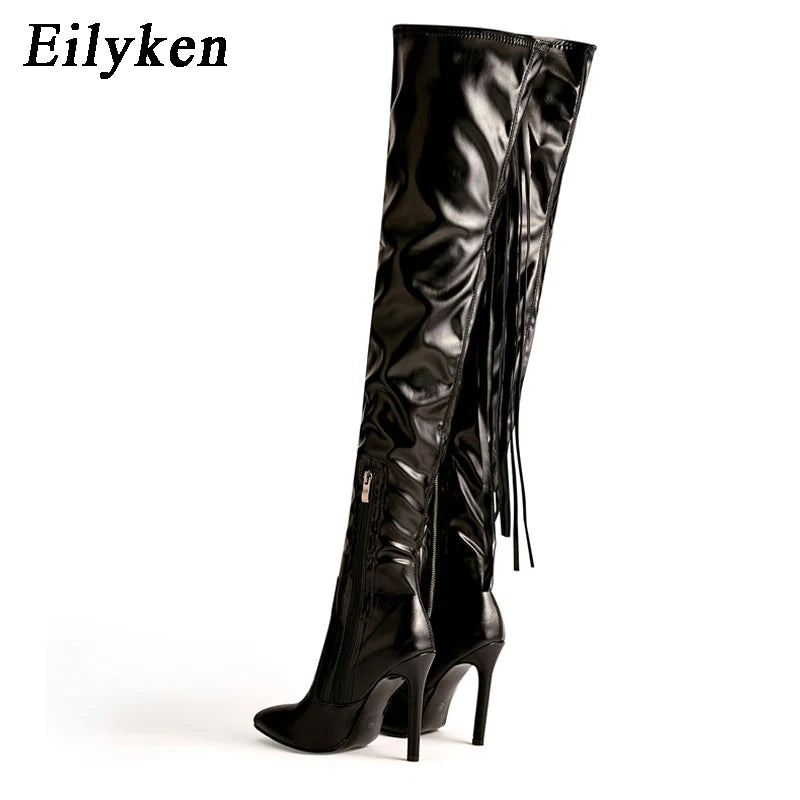 Eilyken New Fashion Designer Tassel Thigh High Women Shoes Sexy Pointed Toe Zip Over-the-Knee Boots Stiletto Heels Size 35-42