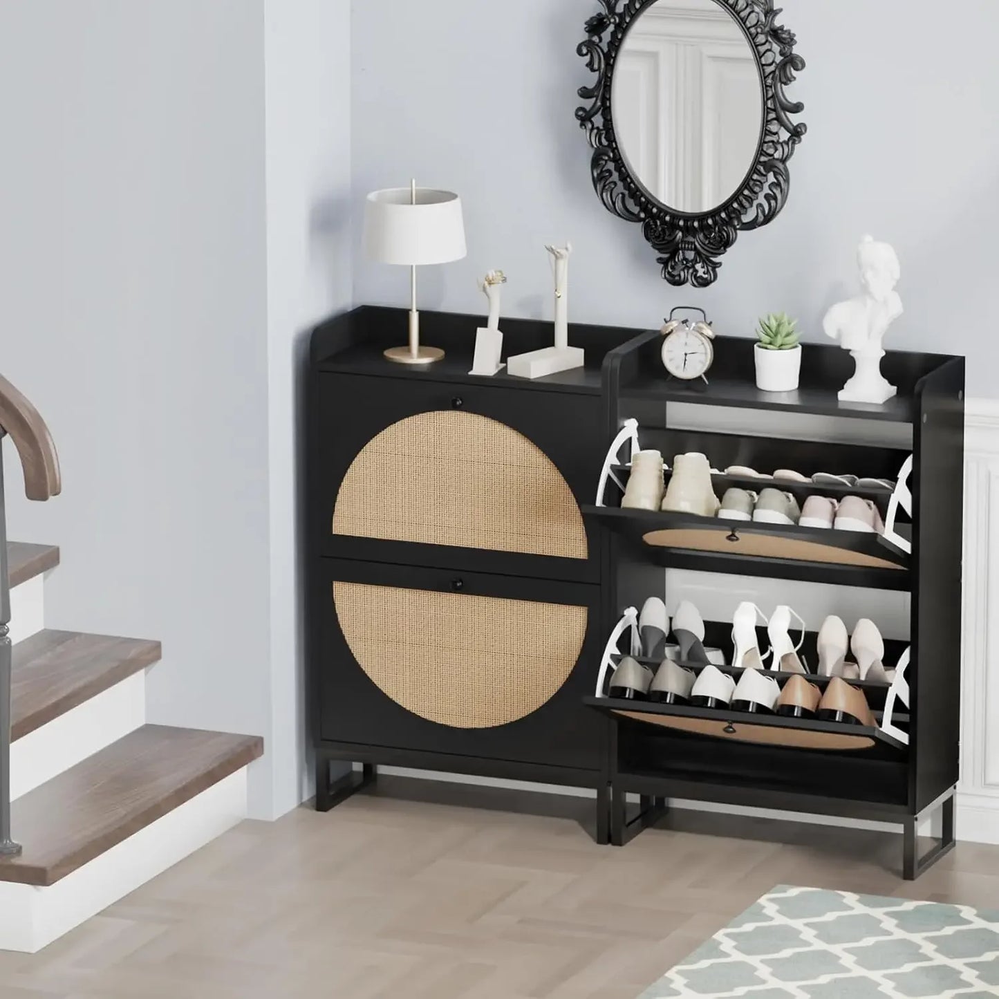 Shoe Cabinet with 2 Handmade Natural Rattan Flip Drawers, Entryway Shoe Rack Storage Organizer for Sneakers, Slippers