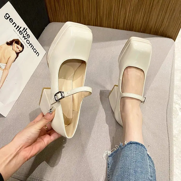 Platform Pumps Women's 2023 Square Toe Thick Heels Mary Janes Women's Patent High Heels Party Shoes Square Toe Square Heel