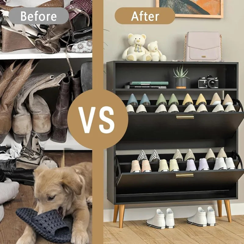 Shoe Cabinet with 2 Flip Drawers - Narrow Shoes Storage for Entryway, Freestanding Hidden